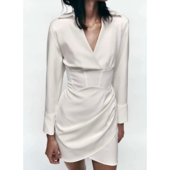 Zara Oyster White Lapel Collar Side Ruched Corset Waist Faux Wrap Mini Dress XS - Picture 2 of 12